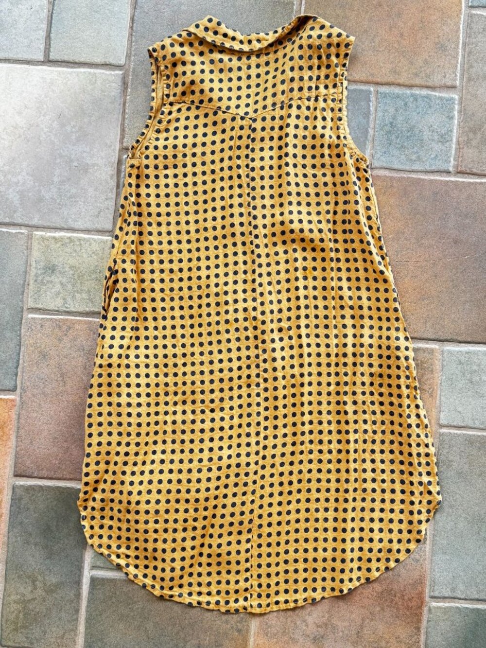 Polka Dot Sleeveless Button-Down High-Low Dress Mustard Yellow Navy Pockets - Picture 2 of 7